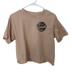 Chemistry beige short sleeve crop tee with corvette graphic 100% cotton